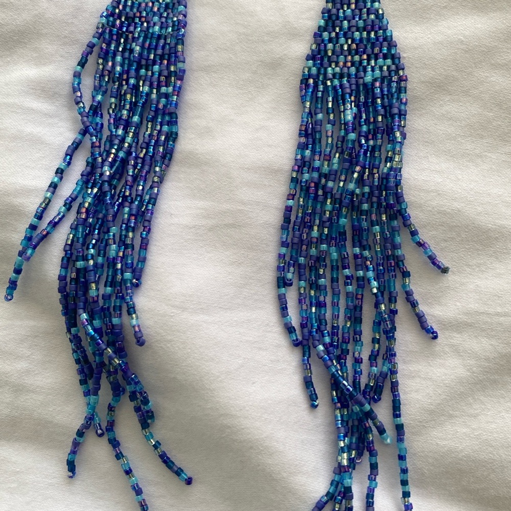Blue Purple Beaded Fringe Earrings